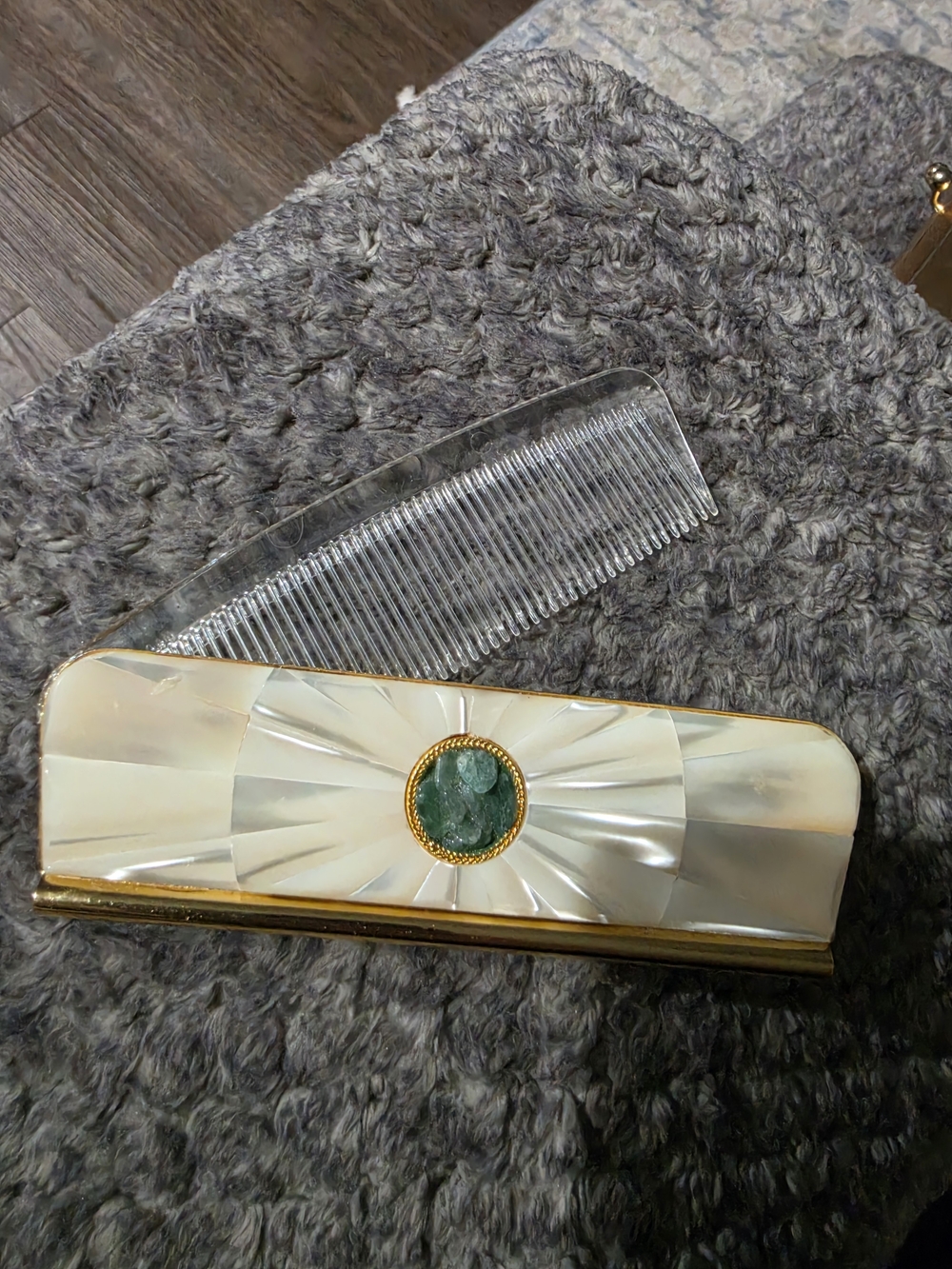Vintage Mother of Pearl Compact Comb with Green Stone Accent